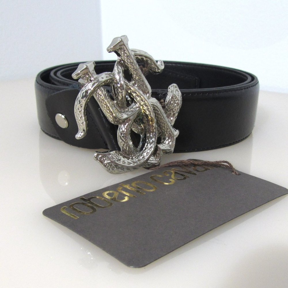 Roberto Cavalli Snake Buckle Silver Leather Belt LAST ONES